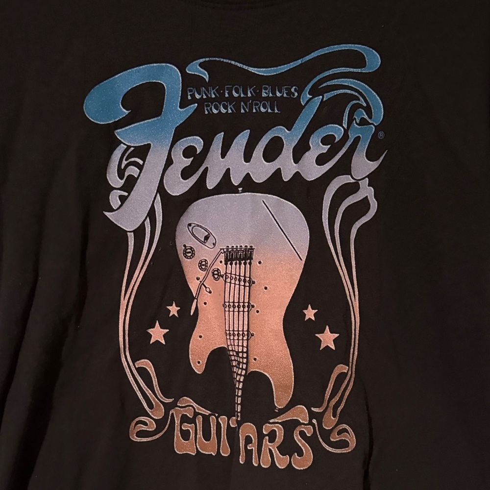Fender Black Tee with Blue and Pink Guitar Design - Picture 2 of 6